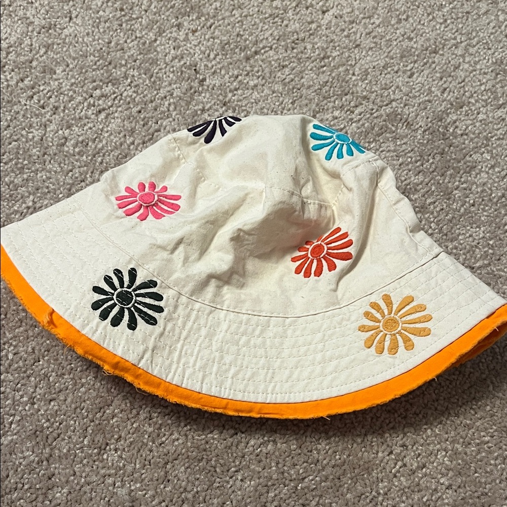 Zara Kids Embroidered Floral Bucket Hat - Cream and Orange